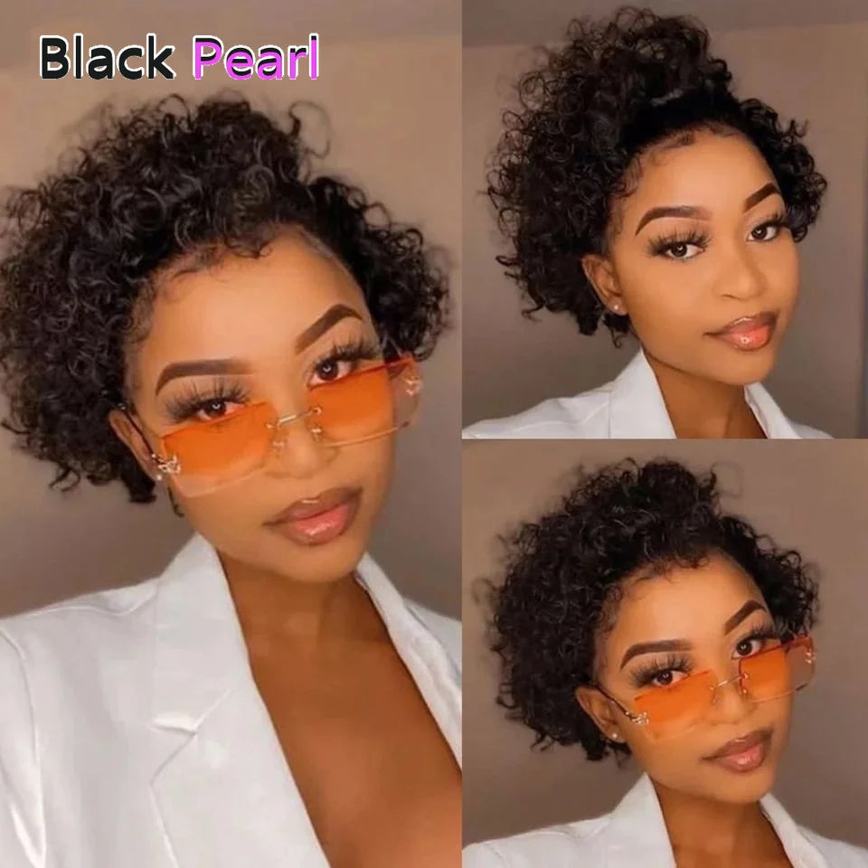 Peluca Bob Corto Black Pearl Pixie Cut Peluca de Pelo Humano Rizado para Mujer Color Negro Cierre de Encaje en T Peluca de Encaje Onda Profunda
