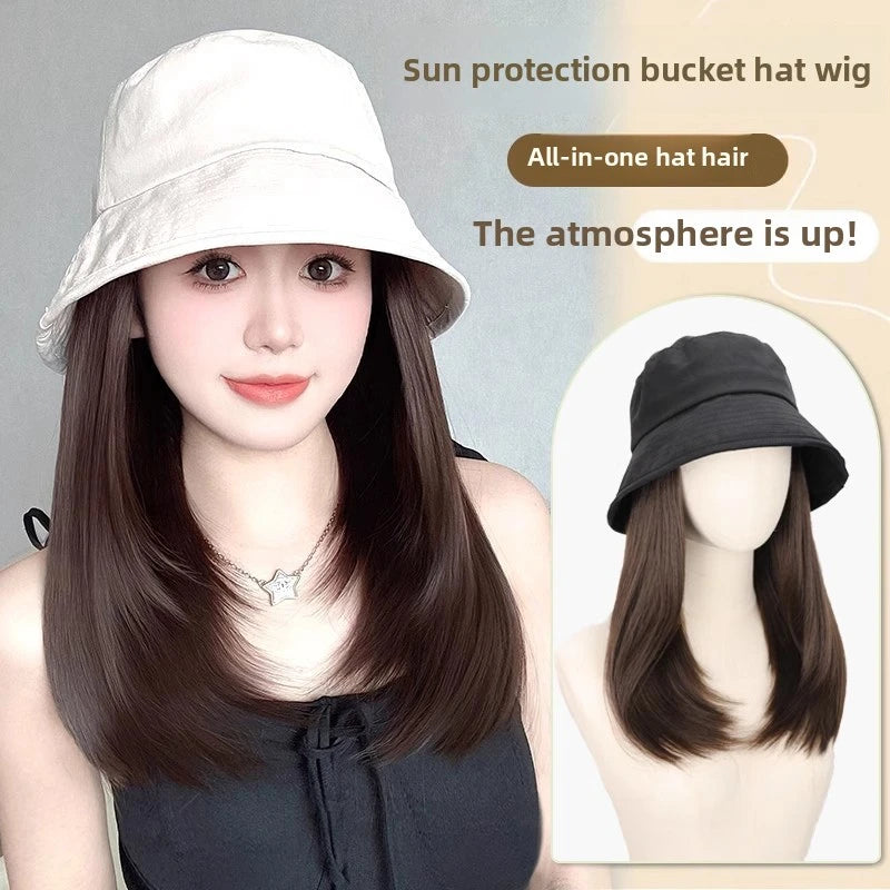 Sombrero peluca de una pieza para mujer, gorro de cubo natural a la moda, resistente al sol, peluca sintética de pelo liso, pelucas de cabeza completa para mujeres