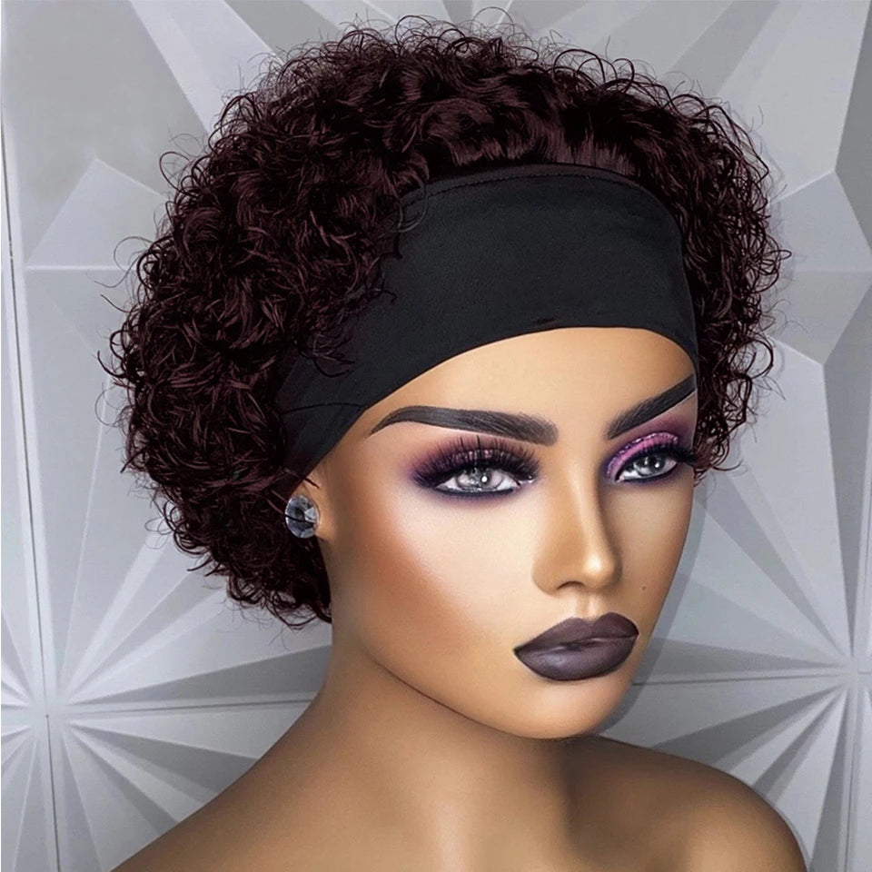Peluca con diadema rizada de cabello humano - Rizos Kinky Bob corto, Peluca de ajuste universal con diadema para mujer, a la moda y hecha a máquina
