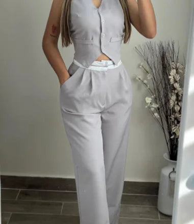 Elegant Two Piece Sets For Women  Summer Buttoned Vest Top & Pocket Decor High Waist Wide Straight Leg Pants Set Streetwear