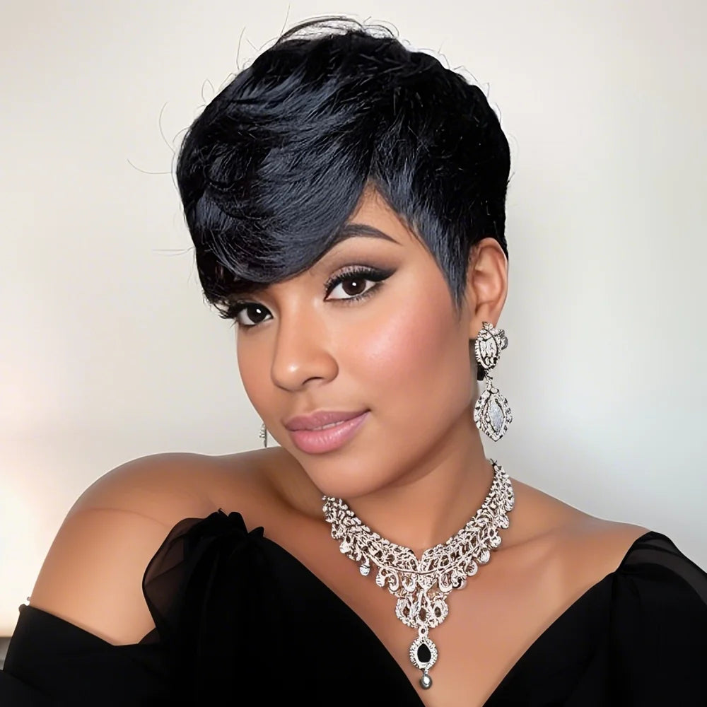 Short Pixie Cut Human Hair Wig – Layered Wavy Style with Bangs