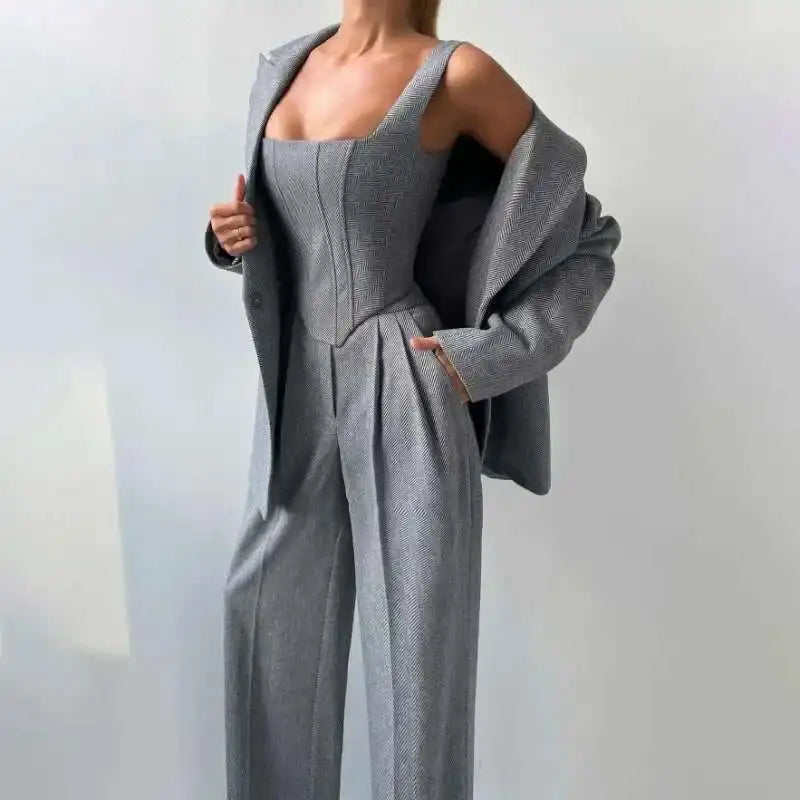 [Vibe] Women's Blazer Three Piece Solid Slim Vest Loose Blazer High Waist Pants Suit Streetwear Casual Female Pants Suit
