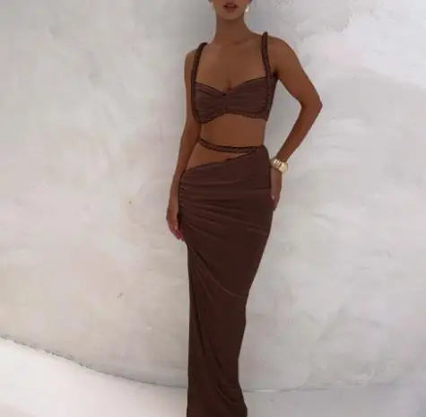 Skirt Set for Women's Fashion Spring Summer Latest Clothin Sexy Solid Color Backless Small Tank Top Hip Hugging Skirt Set