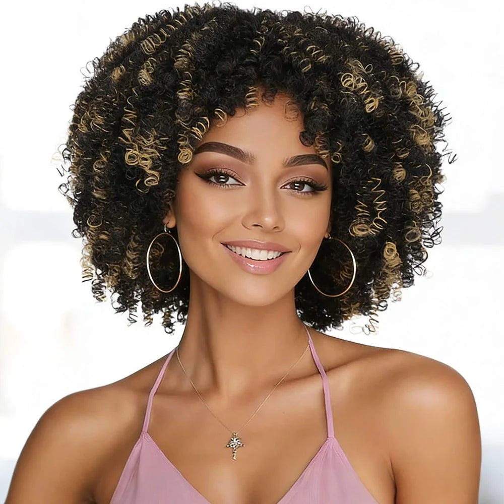 Synthetic Afro Kinky Curly Hair Wigs With Bangs Soft Fluffy Fiber Cheap Machine Made Wig  For Women Party Cosplay Daily Use