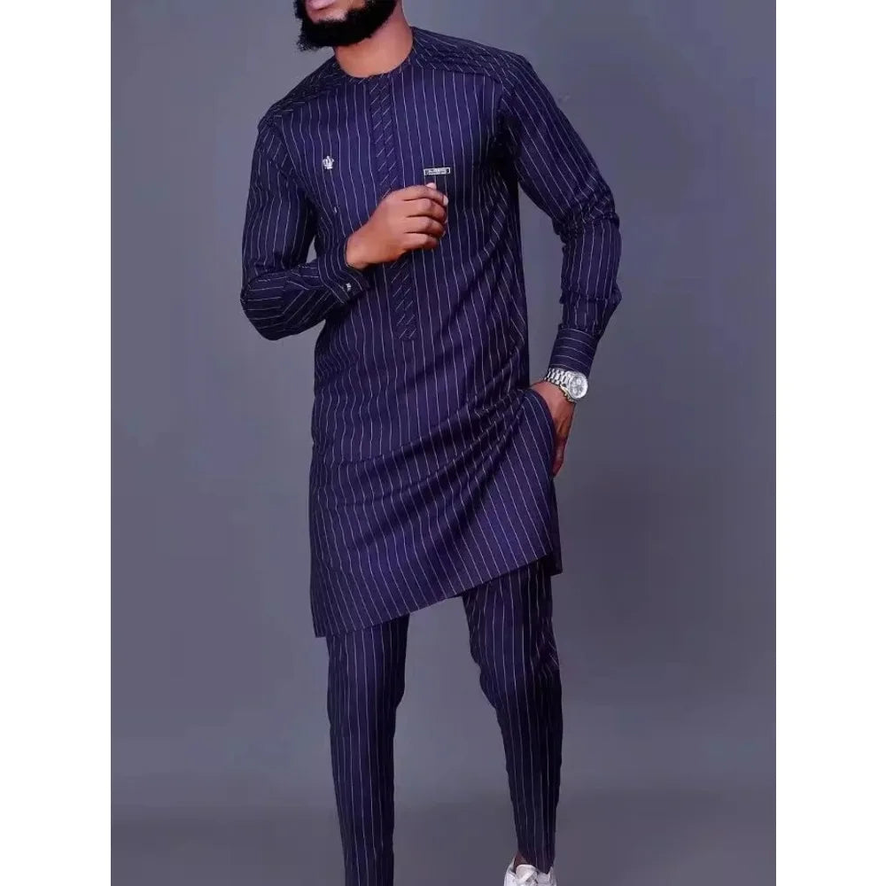 African Two Piece Set Men Outfits Pocket Splice Long Sleeve Round Collar Top Slim Pants Business Suit Africa Summer Gentleman