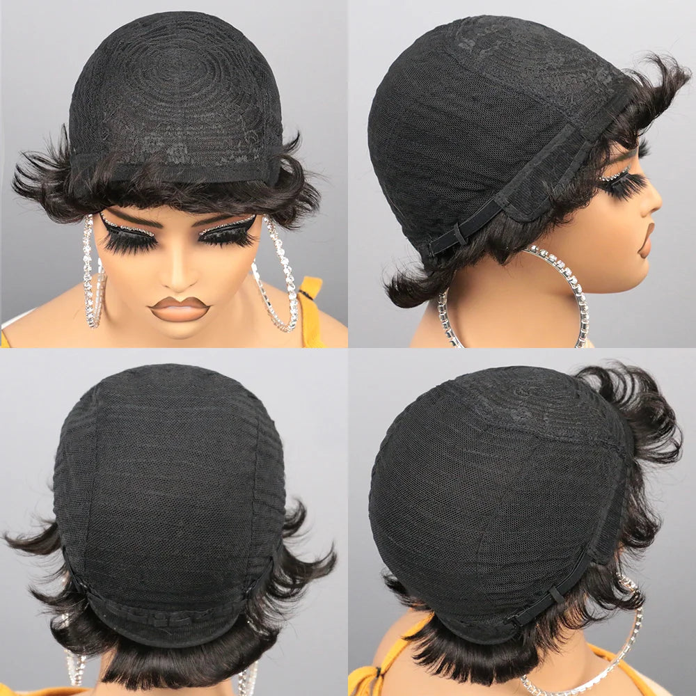 Peluca Bob Corto de Cabello Humano para Mujeres Negras, Pelucas Pixie Cut de Cabello Humano, Peluca Sin Pegamento, Peluca Sin Encaje Frontal con Flequillo, Negro Natural