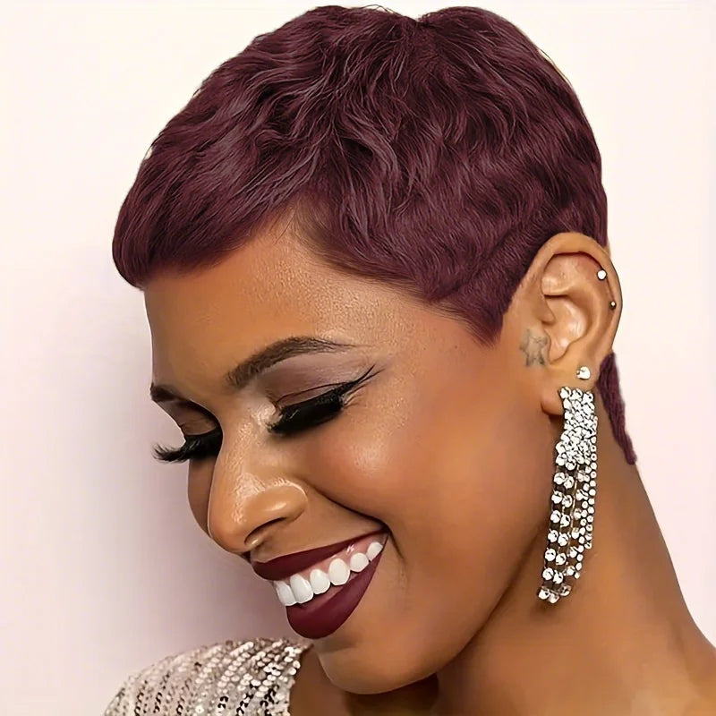 Elegante peluca de cabello humano Pixie Cut, cabello humano para mujeres, corte de pelo corto rizado hecho a máquina, línea de cabello natural, uso diario