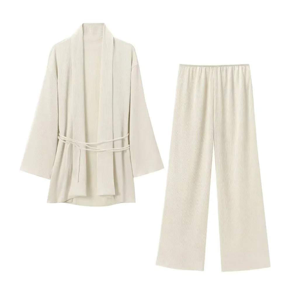 Women's Pajamas for Women 2 Pieces Set Kimono Style Loose Lace Up Shirts Tops Women's Wide Leg Pants Sets Sleepwear Women