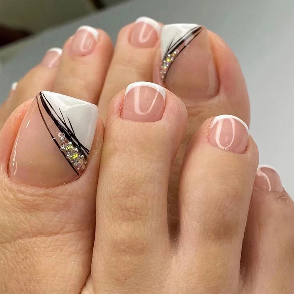 Summer French Gradient False Toe Nails Wearable  Short Square Foot Nails Set Press On Nail Tips Rainbow Fake Toenails Full Cover