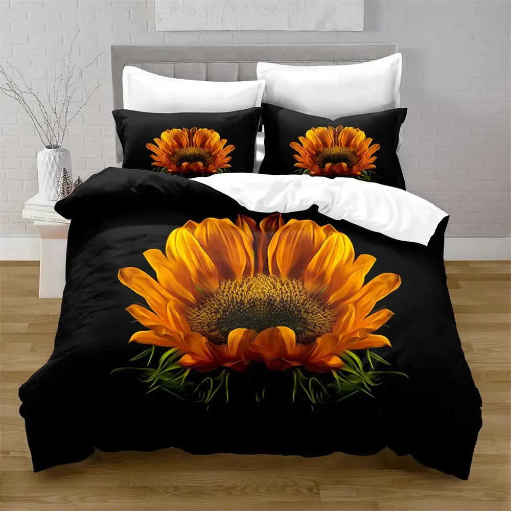 Juego de funda nórdica de girasol, flores amarillas, exuberantes girasoles en el campo, juego de cama de microfibra, estampado floral botánico, funda de edredón