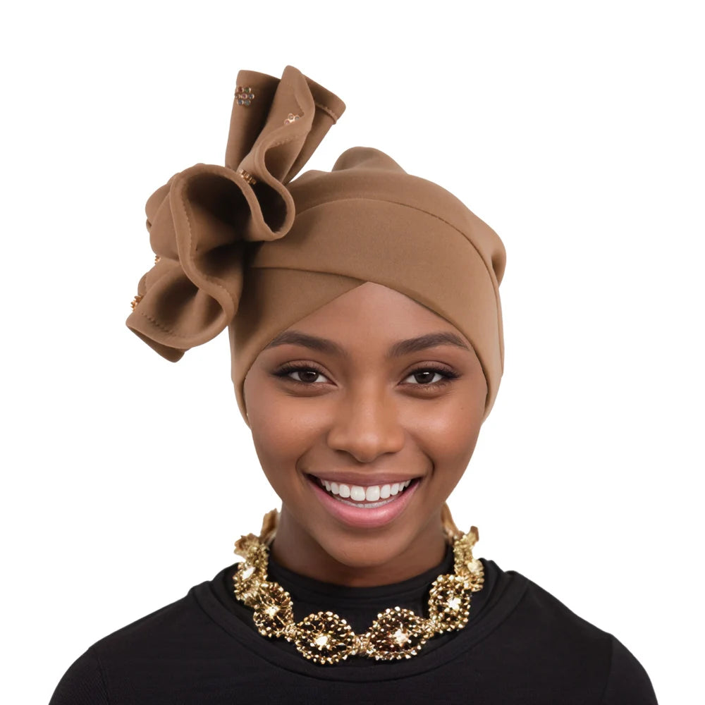 2025 Trendy Women Big Flower Turban Hat Fashion Muslim Hijab Caps Beads Head Wrap Bonnet Bandana Chemo Cap African Headties Hats