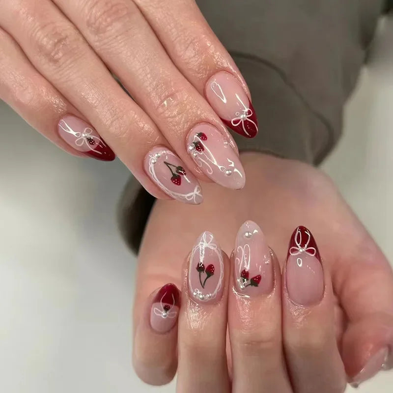 24Pcs Almond Press-On Nails in Pink Cat Eye with Heart & Strawberry Designs – Glossy Acrylic Stick-On Nails for Women & Girls