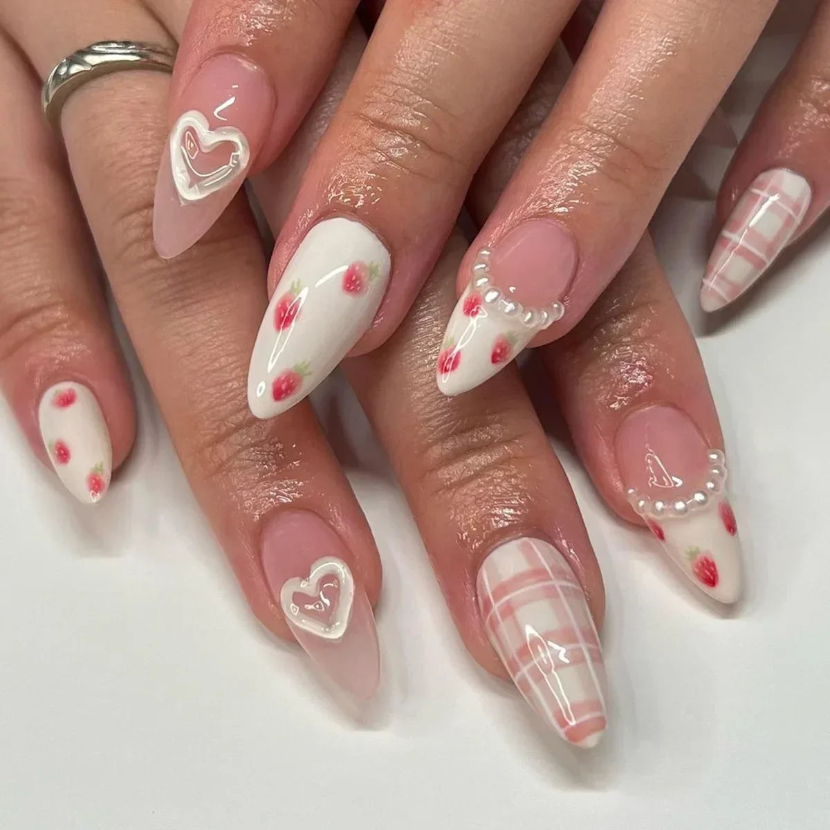 24Pcs Almond Press-On Nails in Pink Cat Eye with Heart & Strawberry Designs – Glossy Acrylic Stick-On Nails for Women & Girls