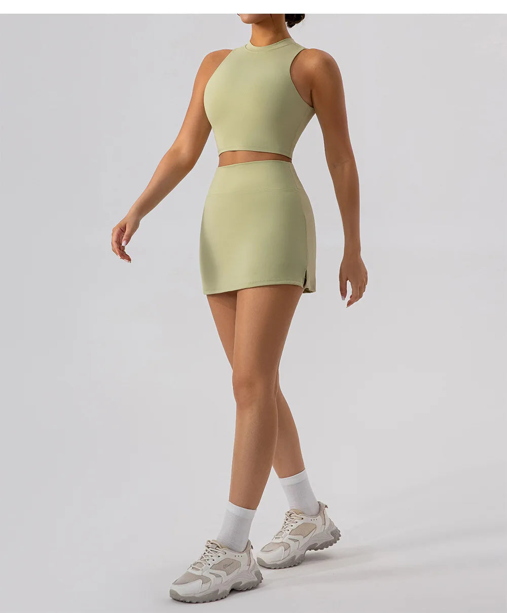 2PCS Yoga Set Sports Hip Short Skirt Women Tracksuit Gym Tennis Skirt Set Workout Sportswear Golf Dance Athletic Sport Suit