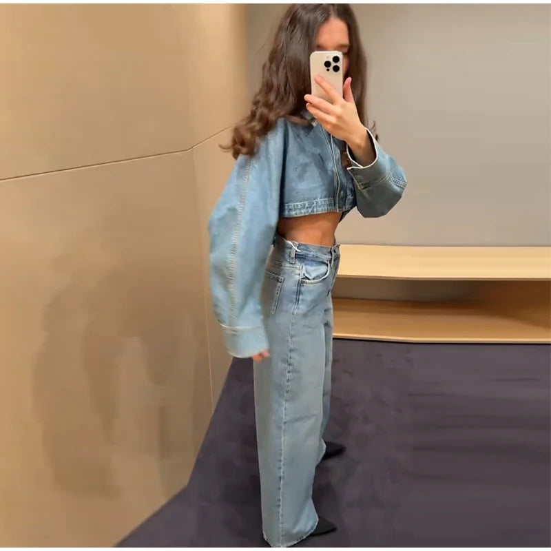 Women Denim Short Tops Pants 2 Piece Sets Lapel Baggy Long Sleeves Coats Straight Wide Leg Loose Jeans Suits 2025 Summer Outfits