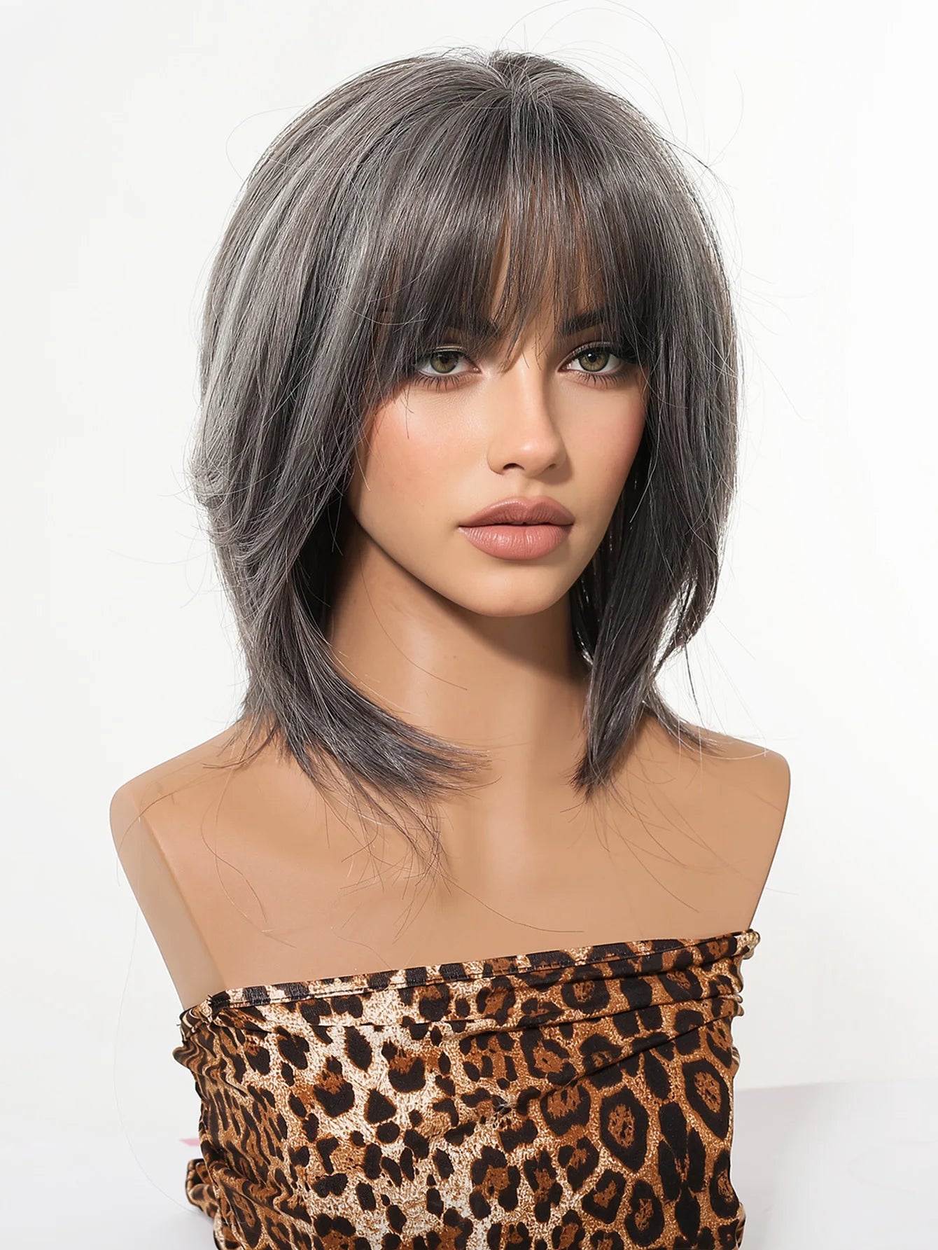 12 Inch Grey Layered Bob Wigs with Bangs for Women Synthetic Heat Resistant Straight Hair 7 Mesh Cap Breathable Adjustable Daily Party Cosplay Wigs