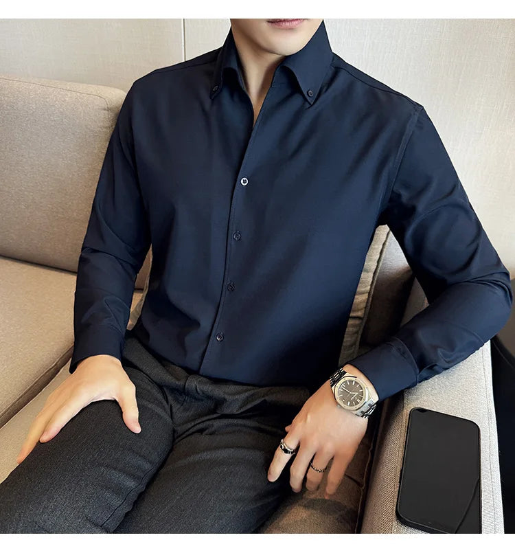 Men Dress Shirt Autumn British Style Solid Casual Slim Fit Formal Camisas V-neck Long Sleeves Shirt Streetwear Men Clothing