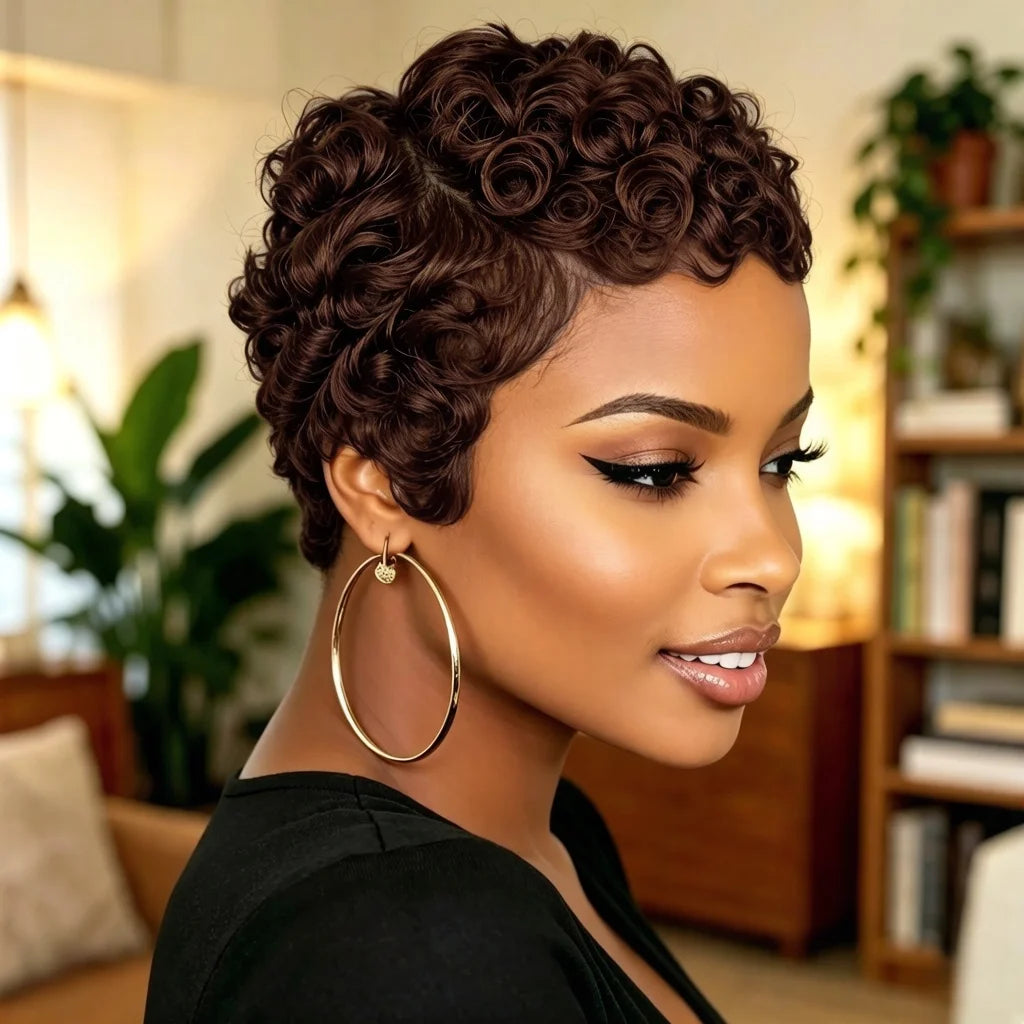 Side Part Brazilian Human Hair Short Pixie Cut Wig Loose Curly for Women Full Machine Made Wig