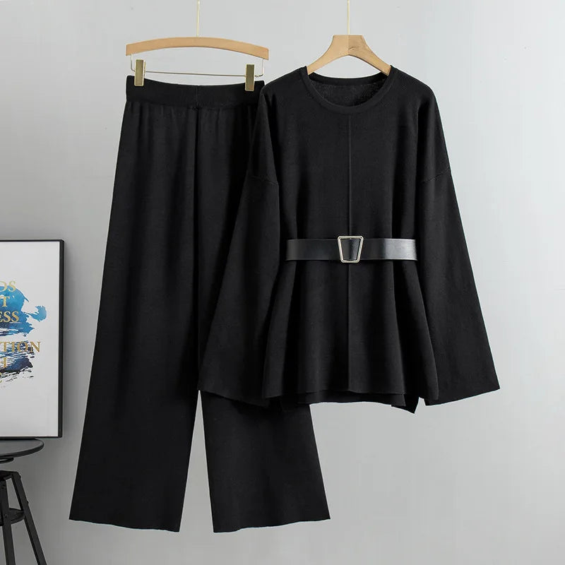 New Fashion Elegant Sweater Pants Suit Women Outifits 2025 Autumn Loose Sweater with Knitted Wide-leg Pants Female Two-piece Set