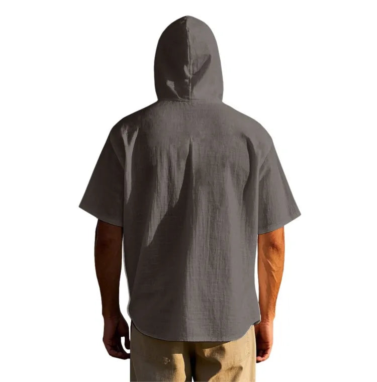 Men's Short Sleeve Shirt Cotton Linen Solid Color Shirts Men Hooded Casual Shirt Man Single Breasted Tops Men Breathable Shirt