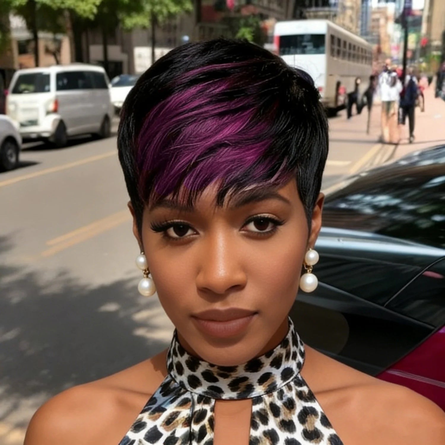 Short Straight Human Hair Full Machine Made Wigs for Women Black Mixed Purple Pixie Wigs