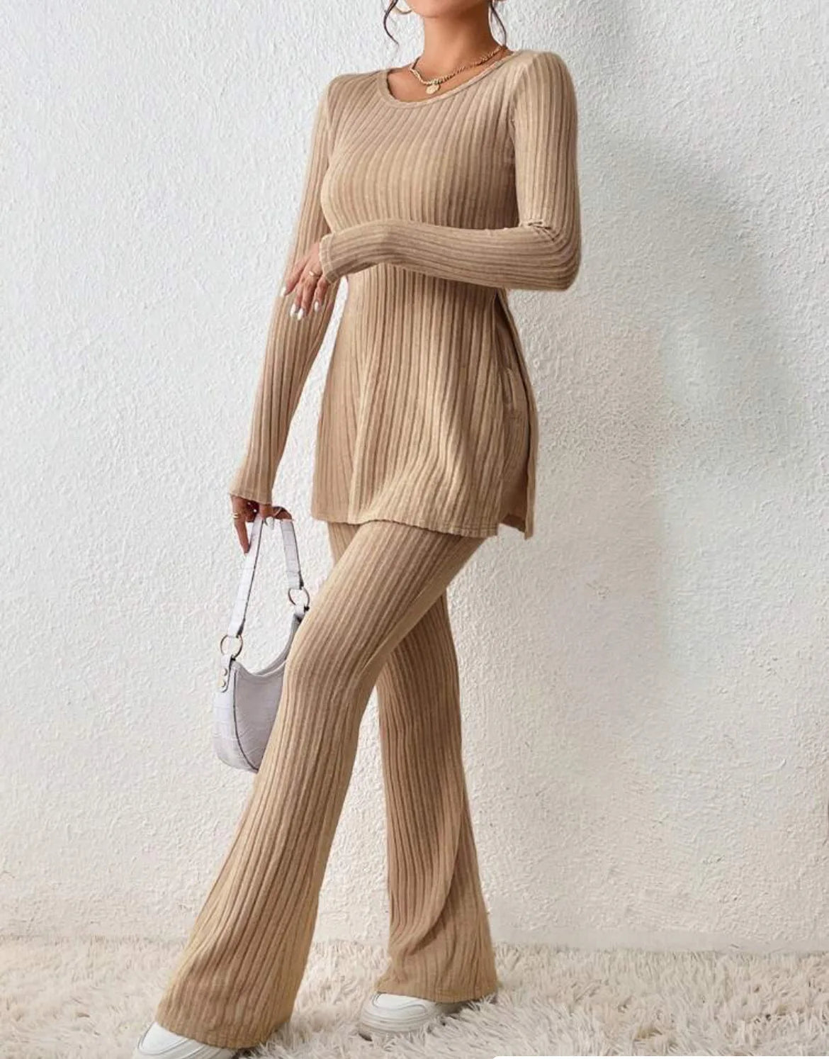 Ropa de Mujer Otoño Invierno Nuevo Estilo Color Sólido Sexy Casual Manga Larga Cuello Redondo Rajado Moda Temperamento Conjunto de Dos Piezas