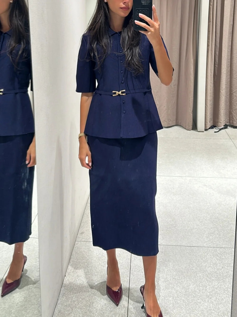 Women's knitted mid-length skirt suit 2-piece set new fashion belted cardigan jacket women's office commuting casual suit female