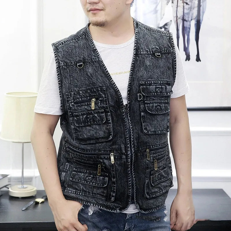 Men's Vest Coat Dark Bluemulti-pocket V-neck Fishing Sleeveless Coat Truck Driver Bicycle Denim Jacket Mountaineering Vest