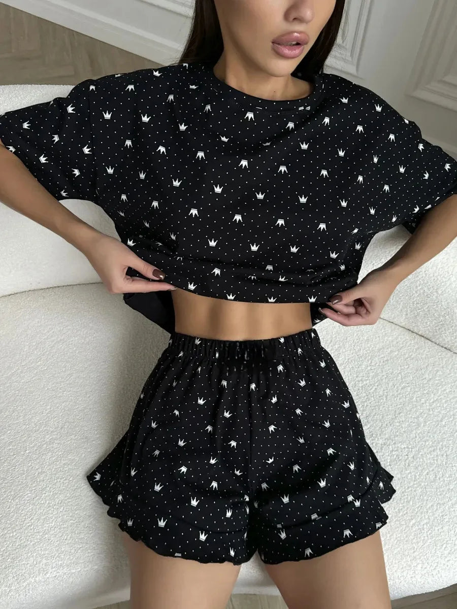 Women's Two-Piece Fashion Printing Sexy Pajamas Homewear Set Pajamas Loose Fit Comfortable Homewear