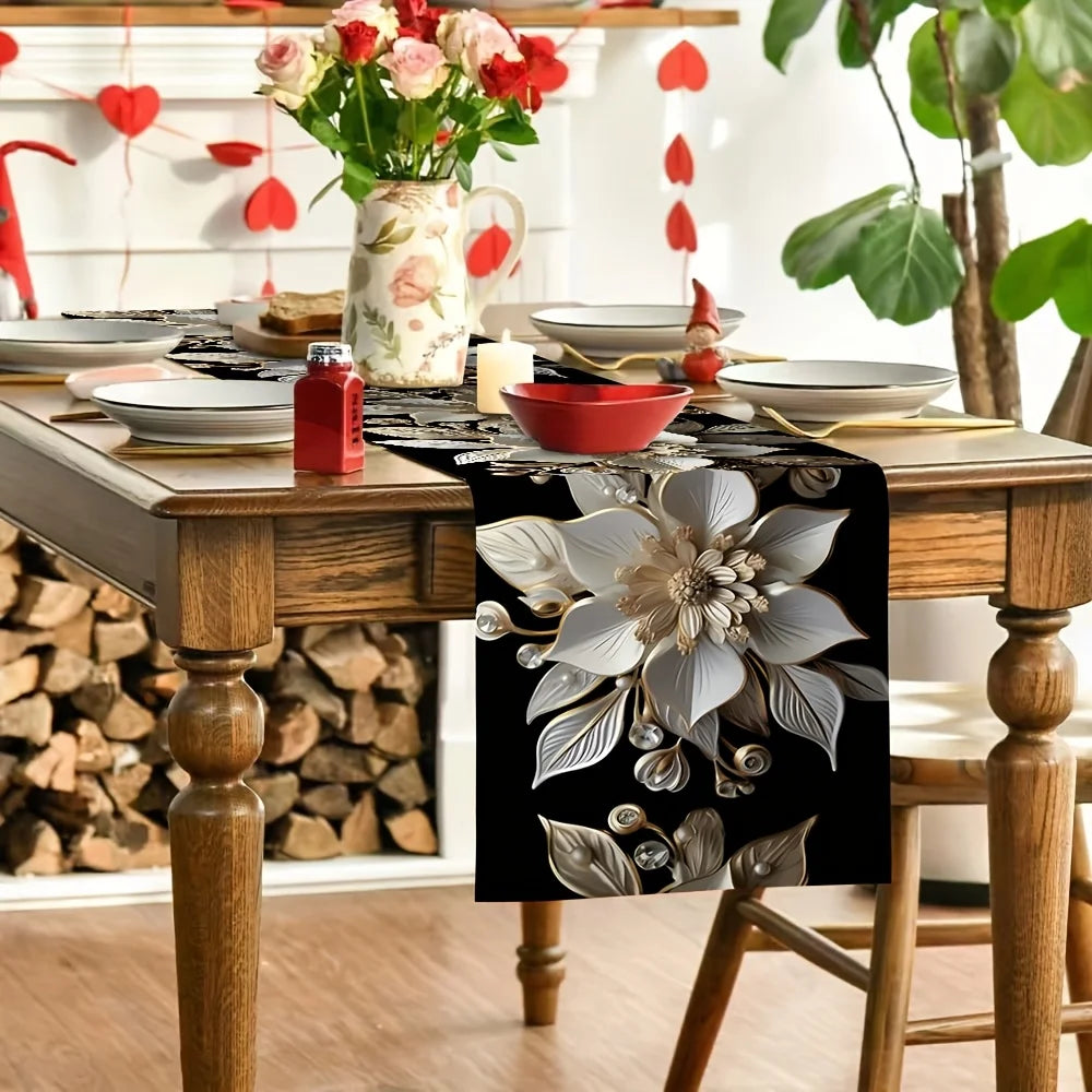 1 camino de mesa elegante floral blanco y dorado, fibra de poliéster duradera, rectangular | Perfecto para comidas festivas y fiestas al aire libre