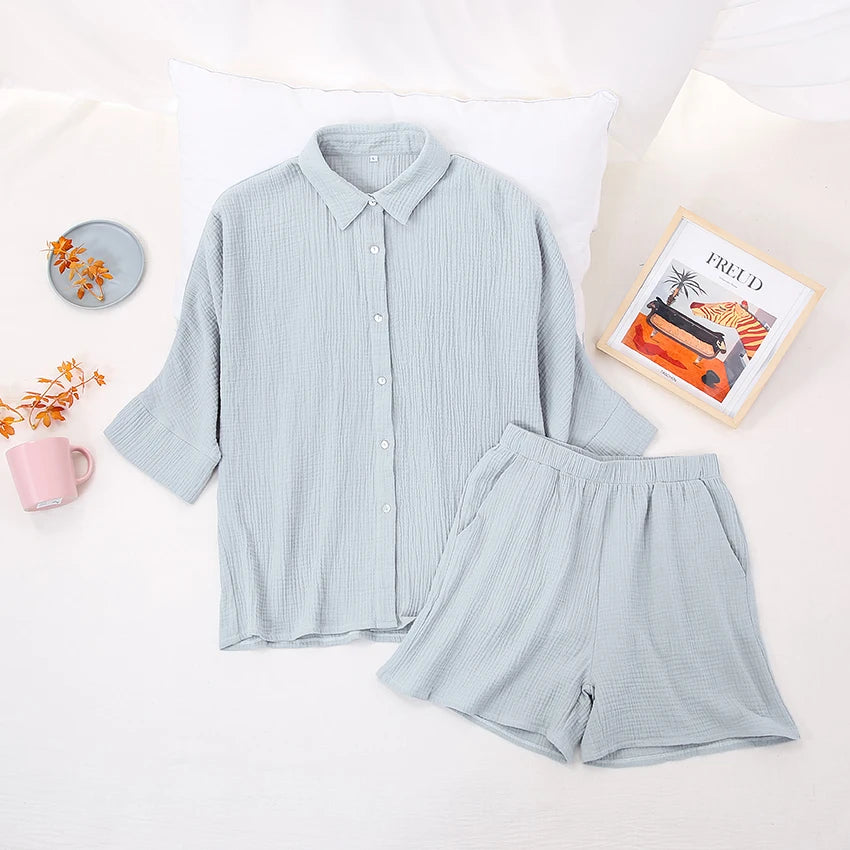 Cotton Pajamas For Women Sets Suit Casual Sleepwear Turn-Down Collar Nine Quarter Sleeve Sleep Tops Shorts Female Homewear 2023