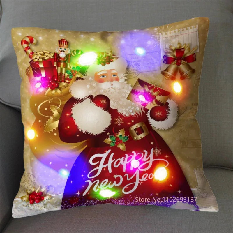 Funda de cojín navideña LED – Diseño de Papá Noel y brillo festivo