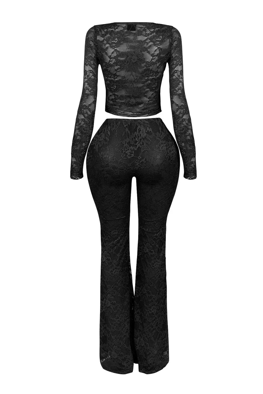 Pant Sets Women Two Pieces Cardigan Lace Sexy Tops Tracksuit Full Wide Leg Pants Loose Fit Casual Spliced High Waist Solid