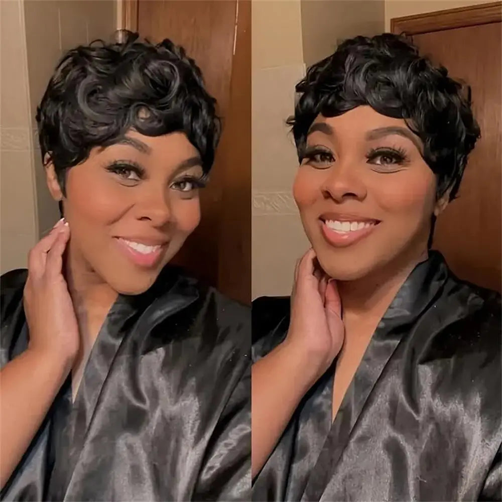 Hair Synthetic Wigs For Black Women Glueless Short Curly wigs With Bangs For Daily Use Natural Black 1B Color