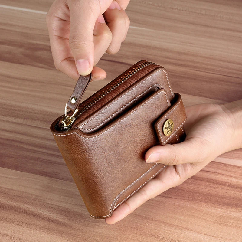 Vintage Men Wallet Short Purse Hasp Zipper Card Case Purse Solid Color PU Leather High Quality Durable  Wallet Convenient Male