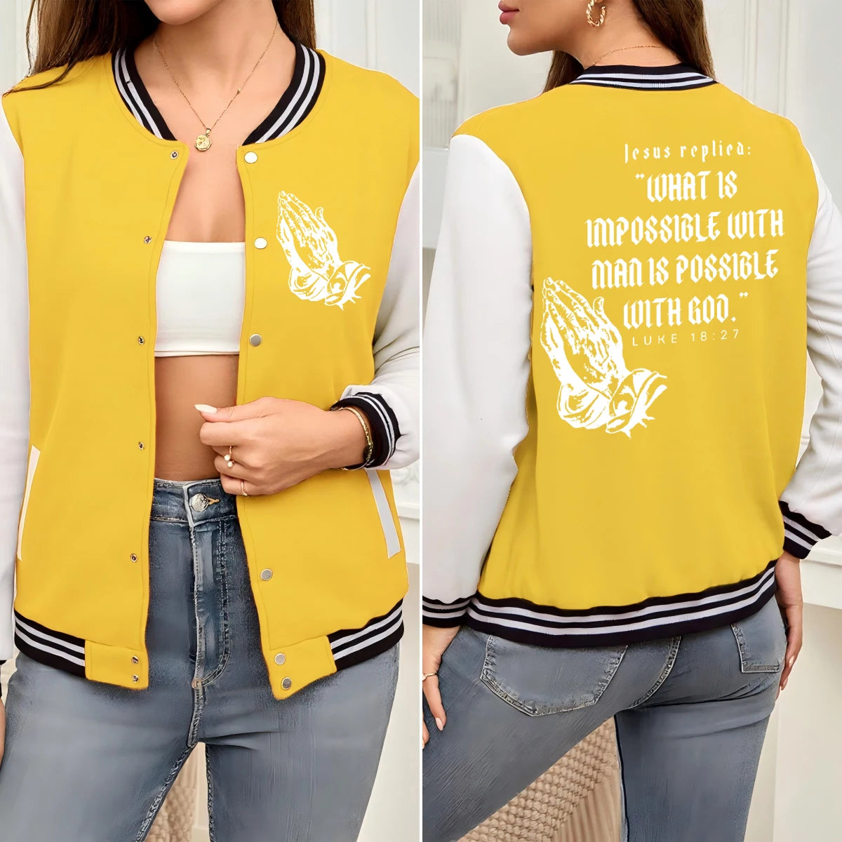 Jesus Pray By Hand Print Baseball Uniform Womens Colorful Loose American Jackets Cotton Soft Sportswear Autumn Street Clothes