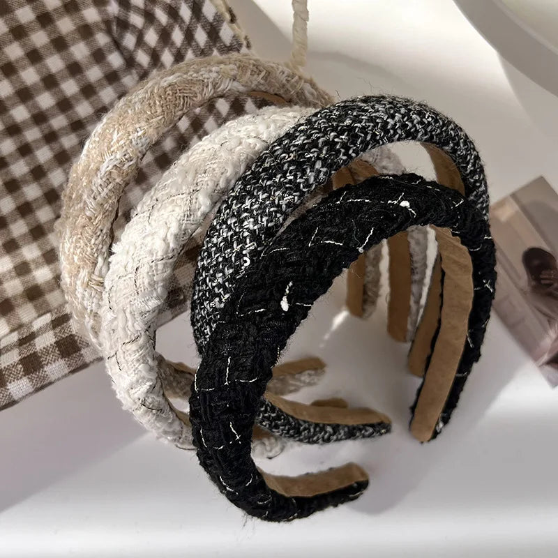 Diademas de tweed con celosía a la moda para mujer, bandas para el cabello retro con temperamento, aros para el cabello sólidos con esponja, nuevos accesorios para el cabello de otoño e invierno