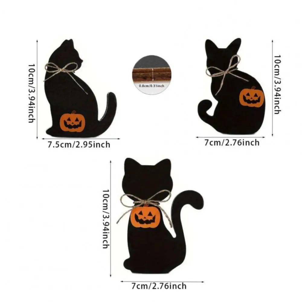 3pcs Table Centerpiece Decoration Wooden Halloween Black Cat Ornament Cute Decorative Cat Sculpture Vivid Animal Statue Tabletop