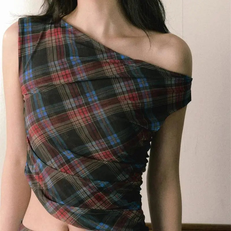Women Two Piece Sets Sexy Skirt Suit Sleeveless Off Shoulder Tops Bodycon Bow Mini Bodycon Skirts Outfits Summer Chic Plaid Suit