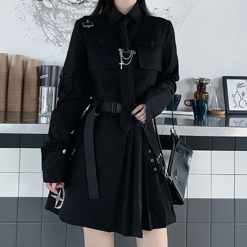 Women Two-Piece Skirt Spring Oversize 4XL Black Punk Chain Ribbon Skirts Ladies Suit Female Dress Sets Harajuku Streetwear