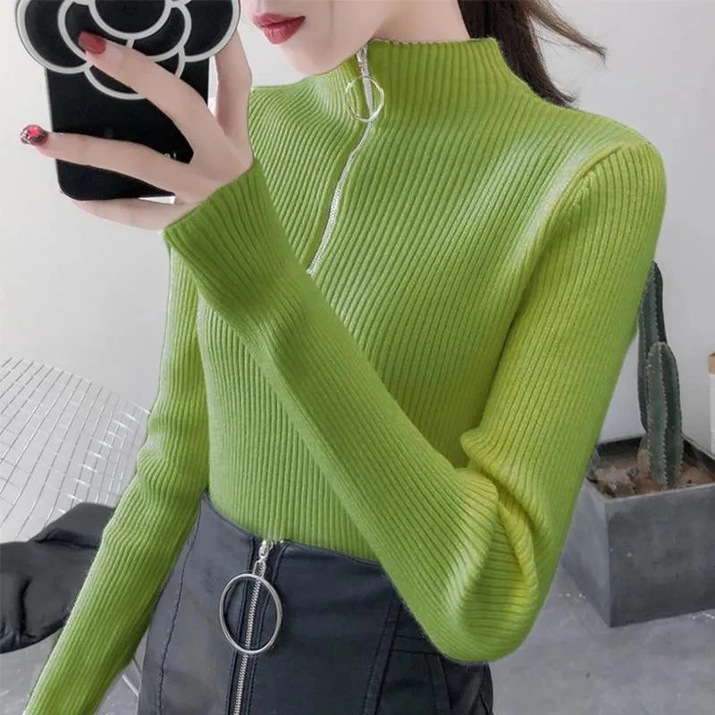 Suéter de punto para mujer con cremallera, cuello medio alto, jerséis de otoño e invierno, suéteres básicos de mujer, prendas de punto ajustadas, tops de mujer