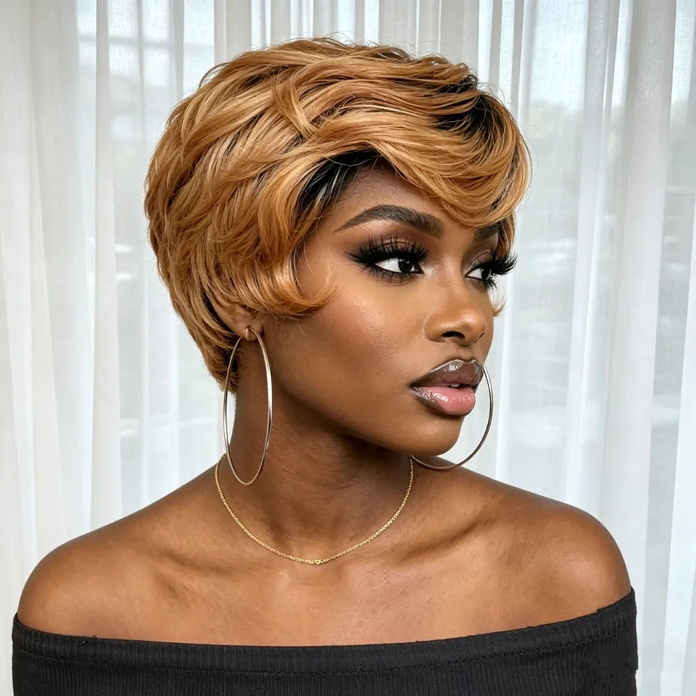 pixie cut wig150% density 4inch machine made pixie short curly 1B30 color human hair wig  for women 150% density daily party use