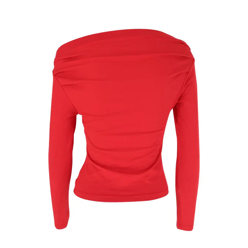 Autumn New T-shirt Red Sexy Women Top Off Shoulder Slim Tees Long Sleeves Streetwear Pullover Asymmetrical Lady Knitted T-shirt
