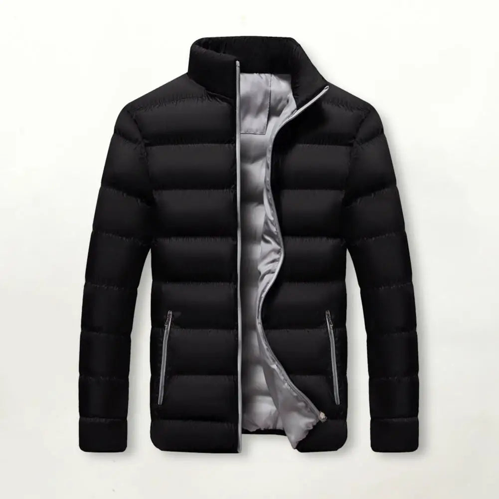 Stand Collar Men Jacket Stylish Men's Cotton Jacket Warm Winter Coat with Stand Collar Zipper Pocket Casual Loose Fit for Autumn