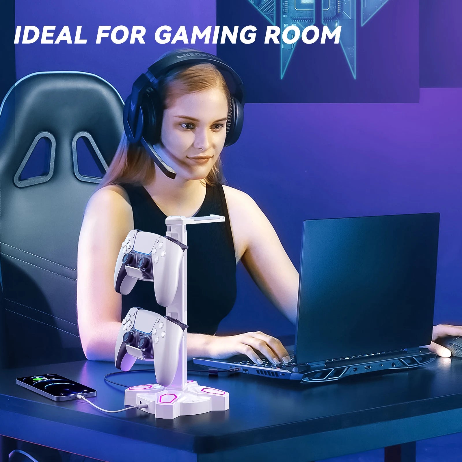 For Gaming Headphones Stand Rotatable Controller Holde with 9 Light Modes Earphone Hanger for PS5/PS4/Switch Desktop Gamer
