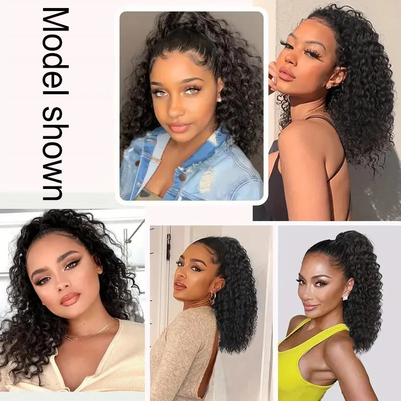 Queue de cheval synthétique de 18 pouces de long, bouclée et frisée, à clipser avec cordon de serrage, extension de cheveux afro noire et marron pour femmes