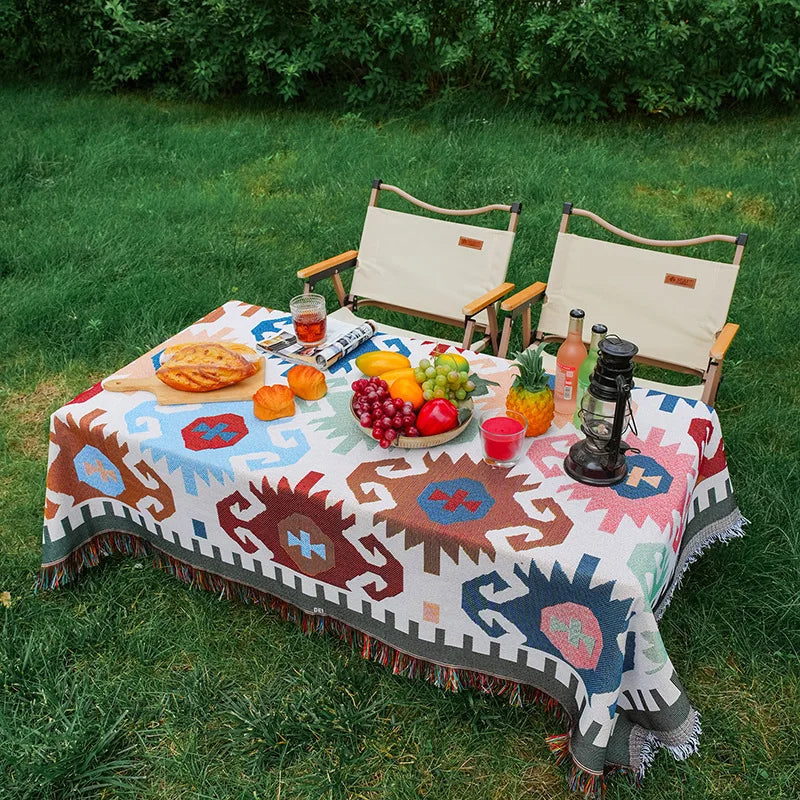 Mantel rectangular colorido estilo bohemio de tela de algodón y lino, mantel de decoración para camping al aire libre con diseño geométrico simple