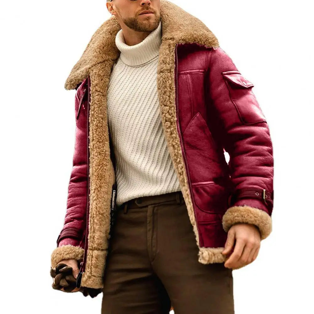 Faux Fur Faux Leather Men Jacket Thickened Plush Lining Winter Men Jackets Vintage Lapel Furry Coldproof Keep Warm Winter Coat