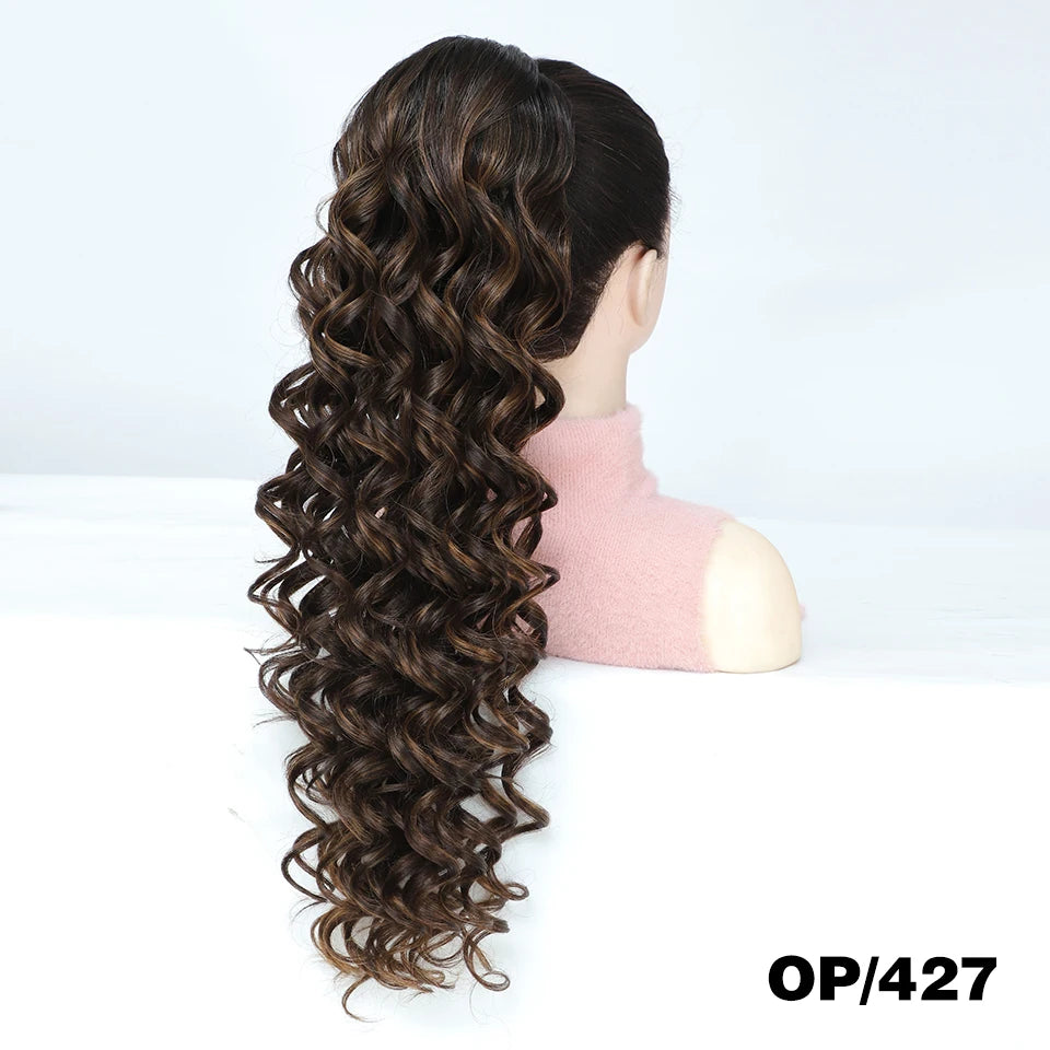 Extensions de queue de cheval bouclée à cordon de serrage de 28 pouces, postiche synthétique à clipser pour femmes noires, longues perruques ondulées pour filles afro