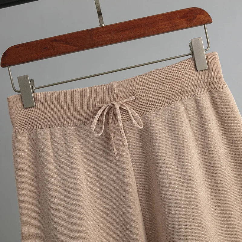 Pants Suit Women V-neck Loose Split Knit Tops Fashion Two-piece High Waist Straight Casual Pants Two Piece Sets Womens Outifits